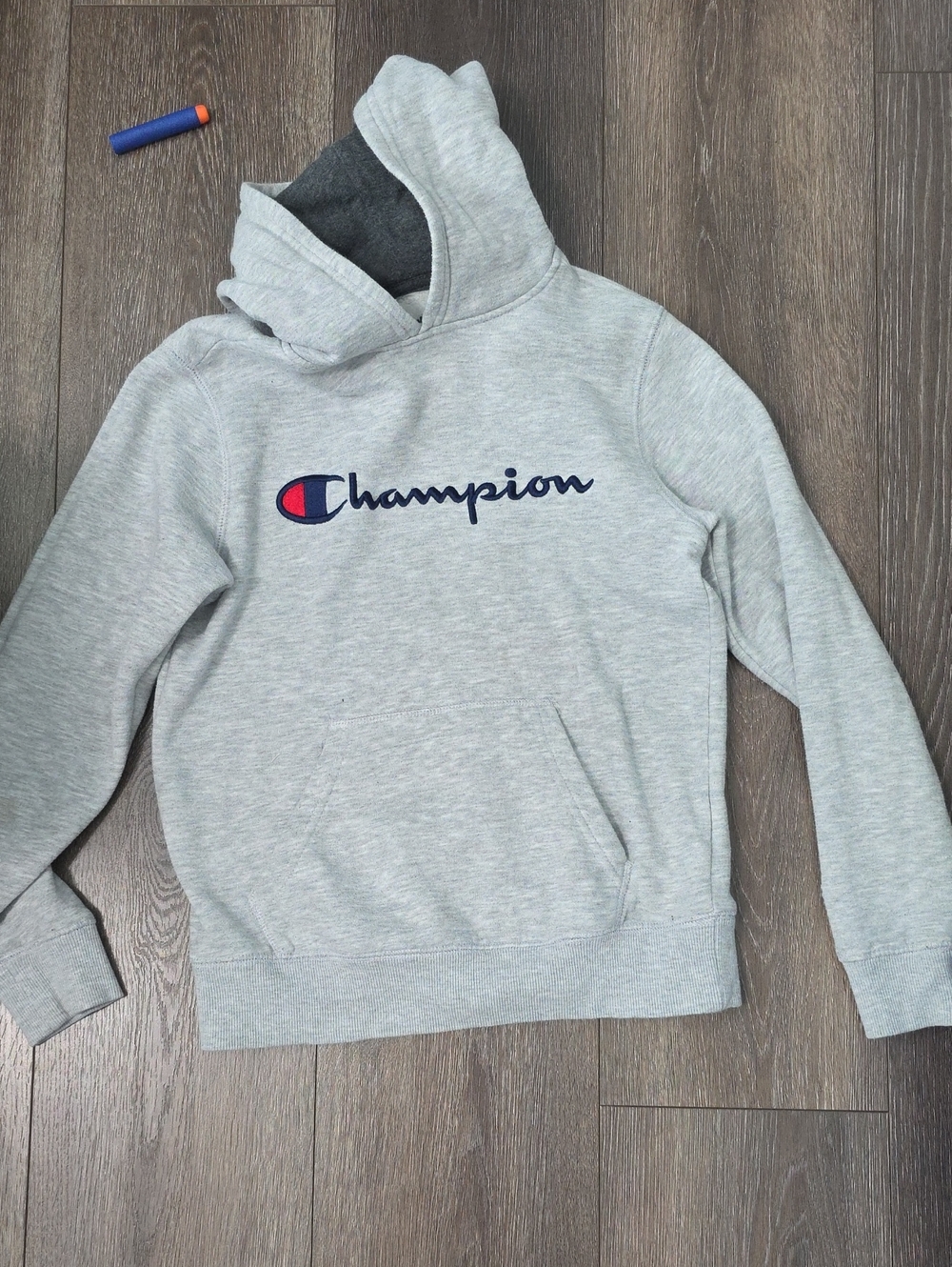Boys Champion Light Gray Crewneck Hoodie with Navy Script and Red Logo